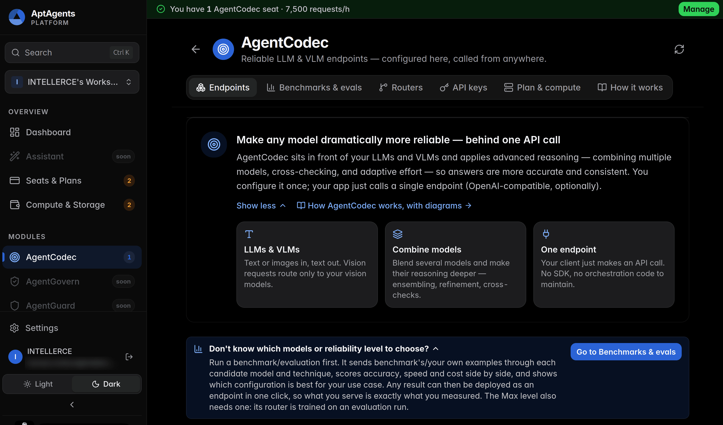 AgentCodec inside the AptAgents Platform: endpoints, benchmarks and evals, and routers