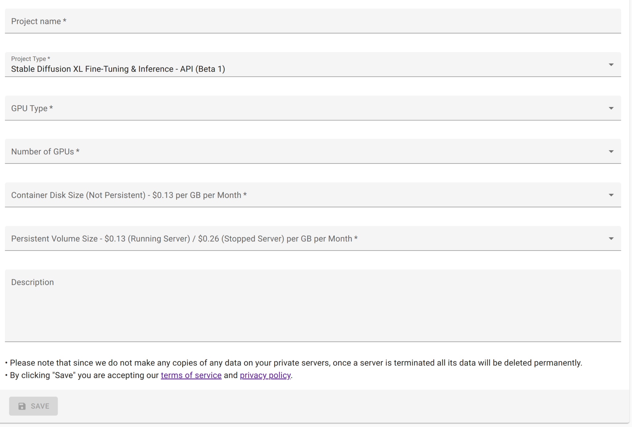 AptAI Admin Page — create-project dialog
