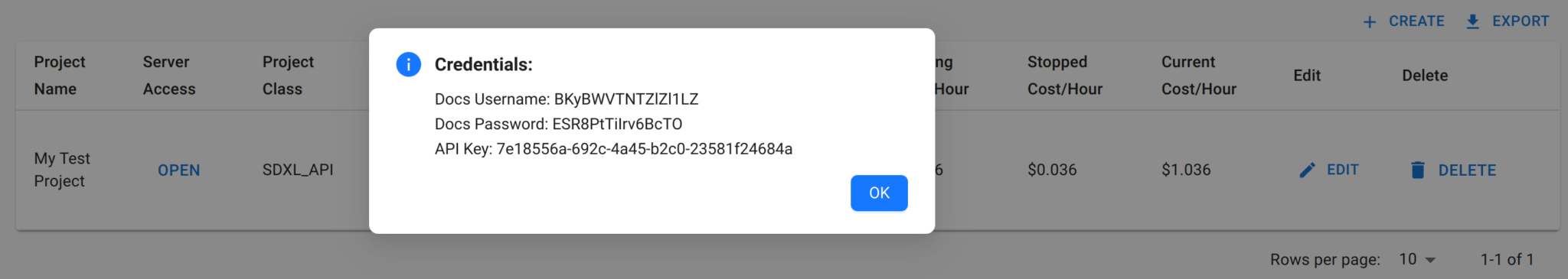 SHOW CREDENTIALS popup with the auto-generated username, password, and API key