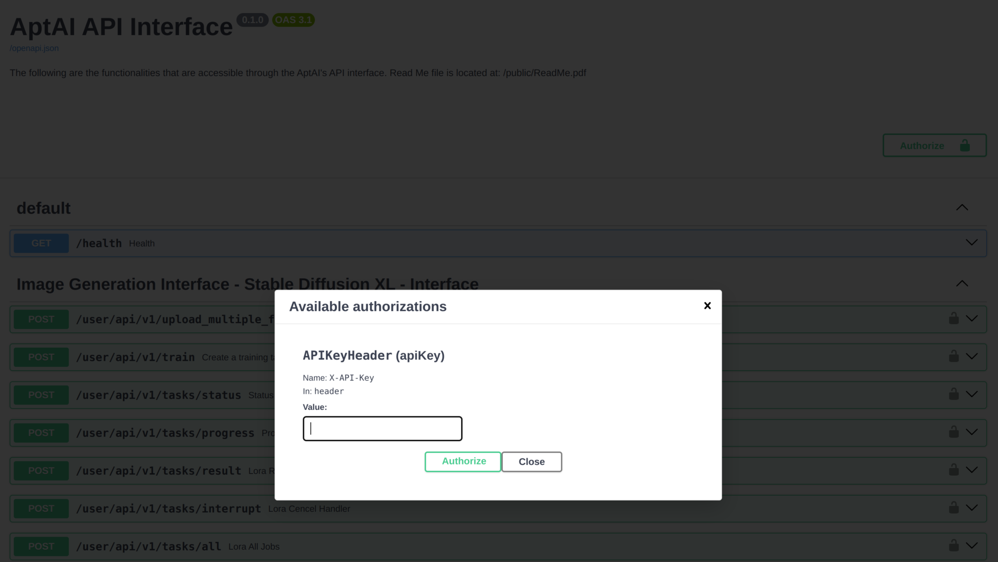 Swagger Authorize dialog on the AptAI API docs