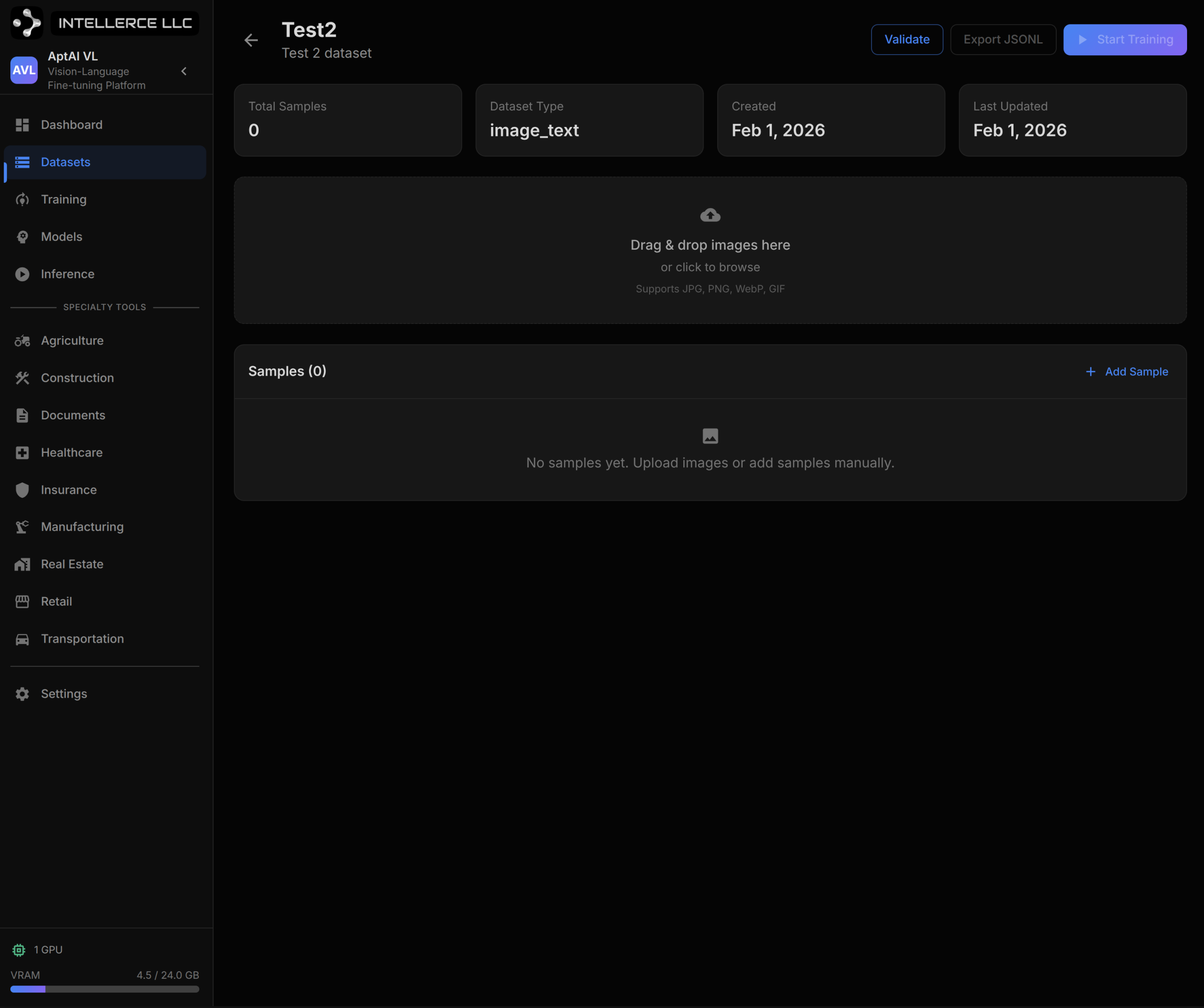 Dataset management interface in AptAI-VL